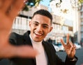 Selfie, peace sign and portrait of business man in city for social media, profile picture and post. Travel, professional Royalty Free Stock Photo