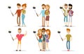 Selfie people isolated vector illustration character photo lifestyle set hipster smart flat camera smartphone person