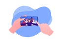 Selfie photo concept. Vector flat person illustration. Hand holding smartphone. Group of women on device screen. Friendship, fun