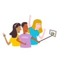 Selfie photo of friends with a phone. Two young girls and a boy taking photo with funny pose. Friends taking selfie, group of Royalty Free Stock Photo