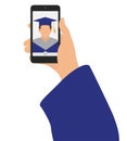 Selfie photo of graduate. Hand of man and phone. Vector illustration