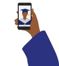 Selfie photo of graduate student. Hand of man and phone. Vector illustration