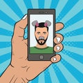 Selfie photo male on smartphone with animal face mask elements - ears and nose. Comics illustration in pop art style.