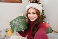 Selfie photo portrait of young girl take shot hold giftbox demonstrating her comfy house apartment christmas tree with