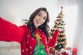 Selfie photo portrait of young girl take shot hold palm demonstrating her comfy house apartment christmas tree with