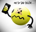 Selfie photo of sad emoticon character with mobile smart phone