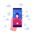 Selfie photo and social media blogger post concept. Vector flat person illustration. Hand holding smartphone. Global network icon Royalty Free Stock Photo