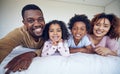Selfie, portrait and black family relax in bed, smile and cheerful in their home together. Face, photo and children Royalty Free Stock Photo