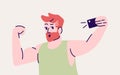 Selfie pose flat vector illustration. Happy man take self photo and show muscles. Strong male makes portrait. Guy taking