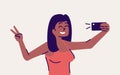 Selfie pose flat vector illustration. Happy woman taking self photo. Smiling girl showing v-sign for portrait in