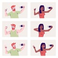 Selfie poses flat vector illustrations set. Happy man and woman taking self photo. Smiling people using mobile phone Royalty Free Stock Photo