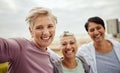 Selfie, senior women and happy exercise group excited for outdoor workout. Portrait of elderly female friends, sports Royalty Free Stock Photo