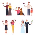 Selfie set. A family. Different people, bright clothes in a simple style, vector illustration on a white isolated background