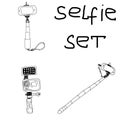 Selfie set three types of cameras and monopods for shooting on a white background