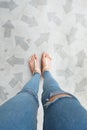 Selfie Shoes with Direction Arrows Choices. Woman Feet and Sandal Standing on Concrete Road Background