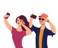 Selfie and smartphone concept with young man and woman flat vector isolated. Royalty Free Stock Photo