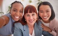 Selfie smile, office and business people, women or colleagues take photo for happy memory. Face portrait, diversity and Royalty Free Stock Photo