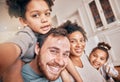 Selfie, smile and piggyback with a blended family in their home together for love, fun or bonding closeup. Portrait