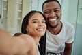 Selfie, smile and portrait of an African couple with love, home memory and happy in marriage. Smile, happiness and black