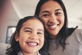 Selfie, smile and portrait of a girl with her mother bonding in the living room of their home. Happy, love and face Royalty Free Stock Photo