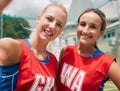 Selfie, sports and women team smile after a competition or game on netball court, field or outdoor park in Australia