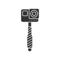 Selfie stick black glyph icon. Action camera and monopod concept. Blogger tool. Pictogram for web page, mobile app, promo. UI UX