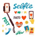 Selfie stick, and stickers for making a blog or vlog vector illustration. Cartoon icons for making internet content