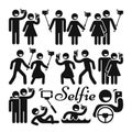 Selfie stick woman and man vector icons set