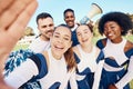 Selfie, team and group with fitness, outdoor and happiness with victory, winning and competition. Portrait, happy Royalty Free Stock Photo