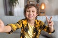 Selfie time. Camera pov portrait of happy little boy blogger making photo, smiling to camera and showing peace gesture