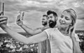 Selfie time. Life online. People taking selfie or streaming video. Mobile internet social networks. Mobile dependency Royalty Free Stock Photo