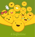 Selfie time. The yellow smiles with different emotions taking a selfie. Flat design for social networking, blogging Royalty Free Stock Photo