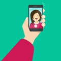 Selfie via smartphone making a photo of yourself vector illustration, flat cartoon young happy girl with mobile phone in