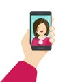 Selfie via smartphone, photo of yourself vector illustration, flat cartoon young happy girl with mobile phone in hand Royalty Free Stock Photo