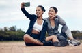 Selfie, women and friends outdoor for training, exercise and fitness for health, workout and wellness. Female trainers Royalty Free Stock Photo