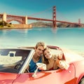 Selfie of young couple convertible car Golden Gate