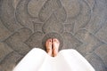 Selfie Young Woman of Feet in Fashion Shoes on Concrete Floor. Beautiful Girl Standing is Foot & Slim Legs Seen from Above on Road