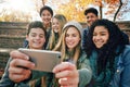 Selfie, youth or friends in park for social media, online post or profile picture in autumn or nature. Smile, teenage