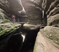 Selfies, Beautiful girl taking a picture of herself with her phone, Errant Rocks, Table Mountains, Poland Royalty Free Stock Photo