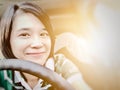 Selfies of girl smiling or Asian woman smiling in the car and looking at camera Royalty Free Stock Photo