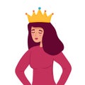 Selfish girl and society concept. Arrogant young woman cartoon character standing with crown above head feeling