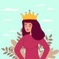Selfish girl and society concept. Arrogant young woman cartoon character standing with crown above head feeling