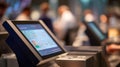 Selfservice checkin kiosk in sharp detail with prominent queue display on top user standing blurred behind emphasizing Royalty Free Stock Photo