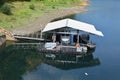 Seligenthal, Germany - 08 19 2020: floating harbor in reservoir lake Wahnbachtalsperre