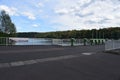 Seligenthal, Germany - 08 19 2020: place with the way entering the dam top of Wahnbachtalsperre and the lake in background