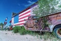 SELIGMAN, AZ - JUNE 29, 2018: Old truck and american flag along Royalty Free Stock Photo