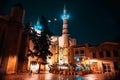 Selimiye Mosque, formerly St. Sophia Cathedral and nearby restaurant at night. Nicosia, Cyprus Royalty Free Stock Photo