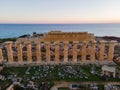 Selinunte, Temple, Sicily, Italy, drone aerial view of the Greek Roman temples during sunset