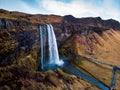 Seljalandsfoss waterfall in Iceland famous aerial view Royalty Free Stock Photo