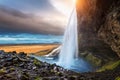 Seljalandsfoss waterfall during the sunset, Beautiful waterfall in Iceland Royalty Free Stock Photo